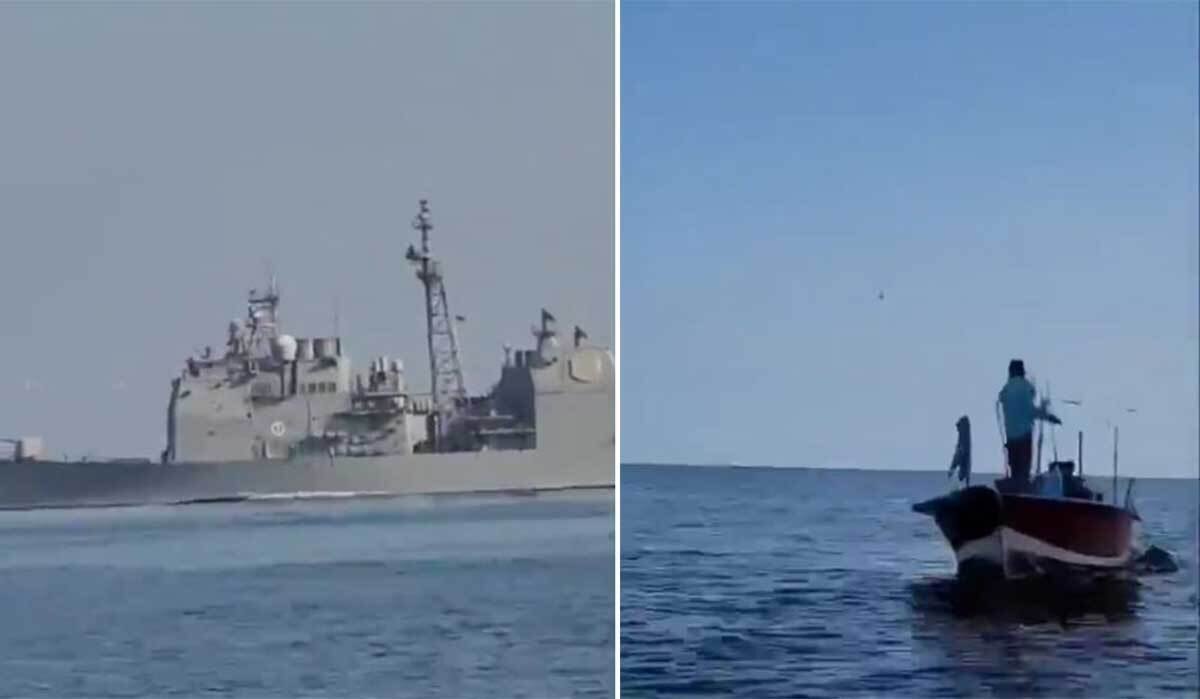 ببینید | حرکت جالب قایق صیادی بوشهری در تذکر به ناوشکن آمریکایی
